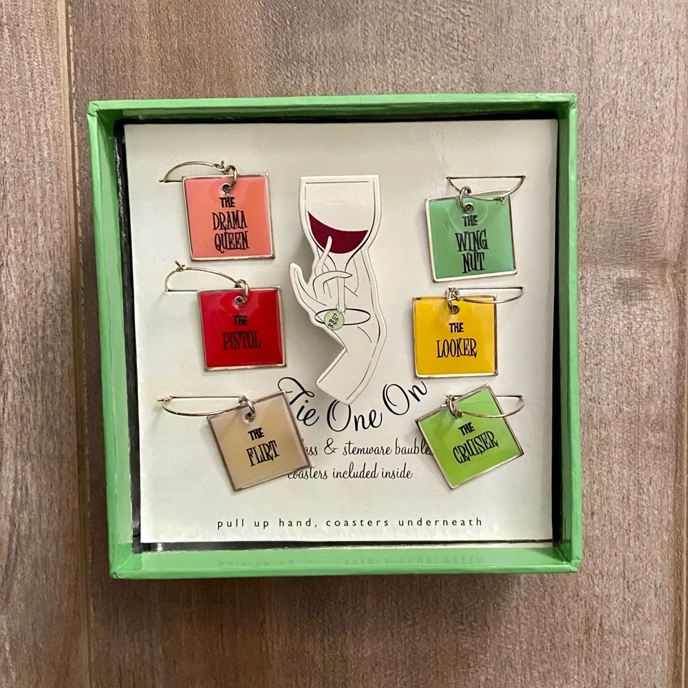 Tie One On Set of 6 Wine Glass Charms with Matching Coasters